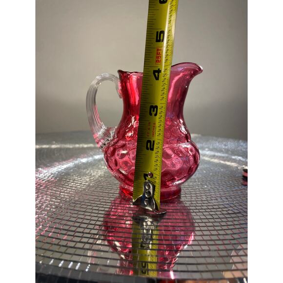 Vintage Cranberry Glass Coin Dot Thumbprint Pitcher W/ Clear Ribbed Bud Vase - Picture 2 of 13